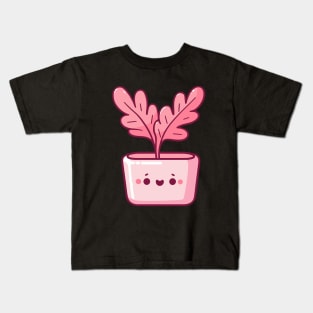 Cute Pink Leaf Plant in a Pot | Kawaii Plant illustration | Cute Kawaii Potted Plant Kids T-Shirt